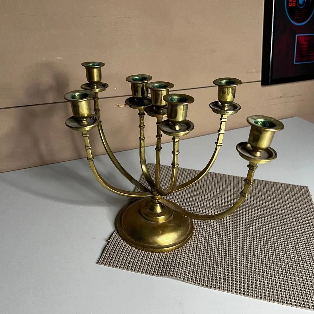Vintage Solid Brass 7 Arm Candelabra Candle Holder Made in Korea Mid Century 12